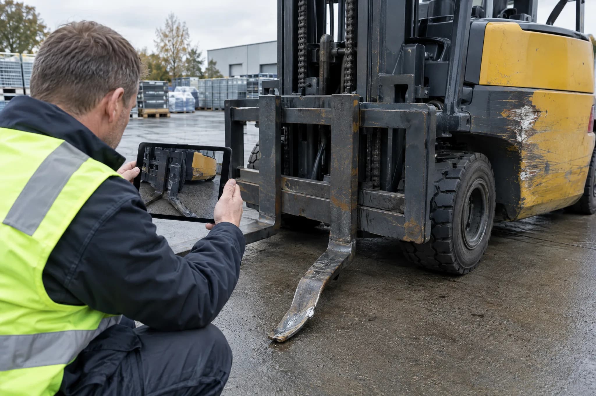 Gutachter fotografiert mit einem Tablet eine verbogene Gabelzinke an einem Gabelstapler (KI-generiertes Bild)