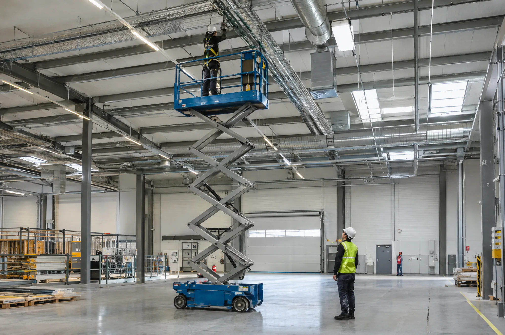 Arbeiter mit Sicherungsgurt auf einer ausgefahrenen Scherenbühne in einer Industriehalle (KI-generiertes Bild)