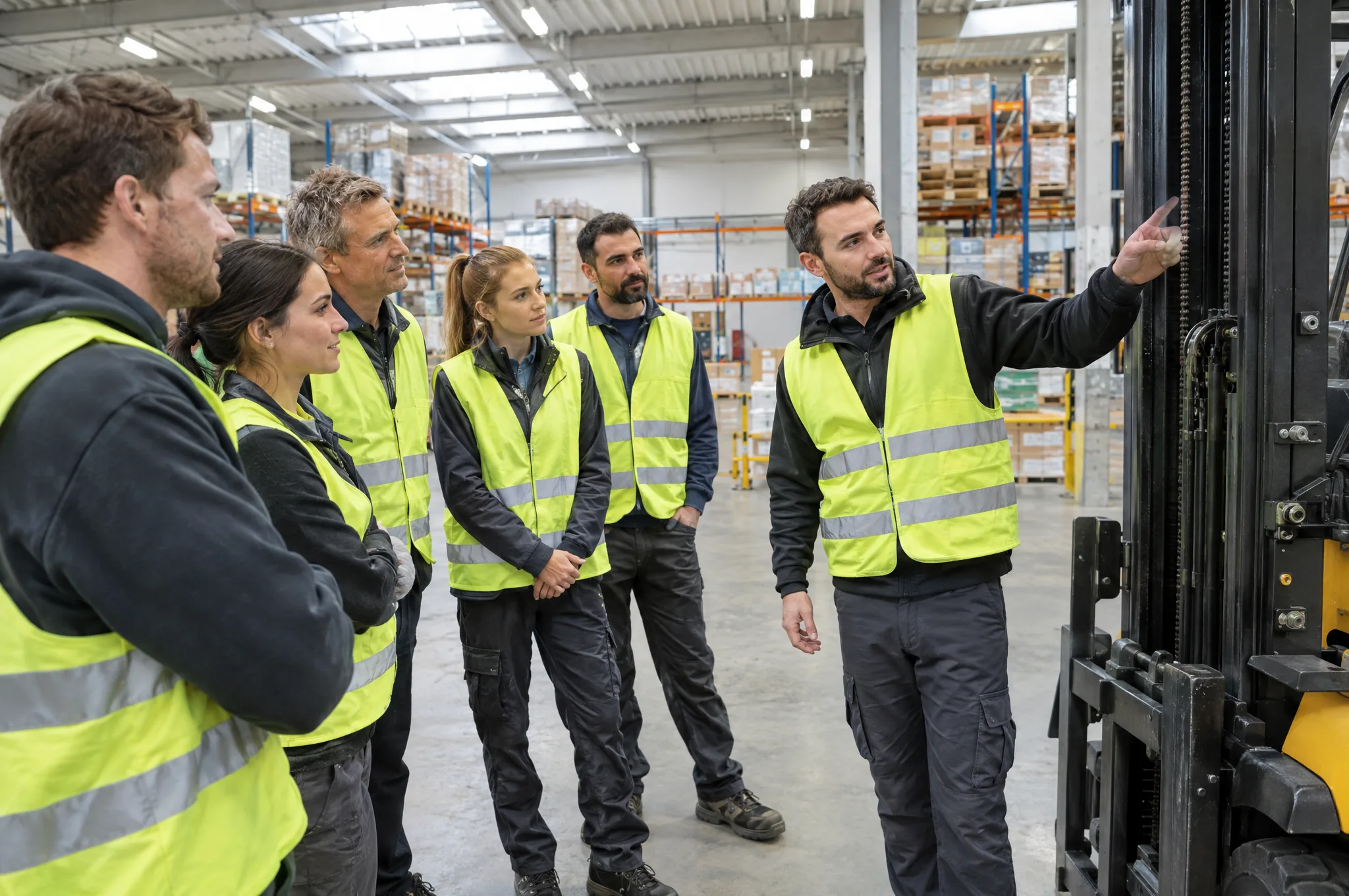 Ausbilder erklärt einer Gruppe von Lagermitarbeitern in Warnwesten den Hubmast eines Gabelstaplers (KI-generiertes Bild)