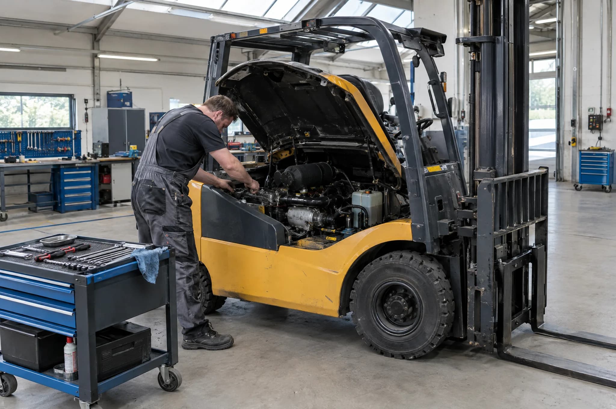 Mechaniker repariert einen gelben Gabelstapler mit geöffneter Motorhaube in einer Werkstatt (KI-generiertes Bild)